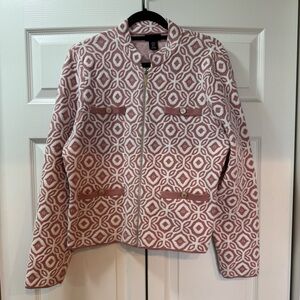 Adrienne Vittadini Pink Geometric Knit Sweater Blazer Zip Front Workwear Size XL
